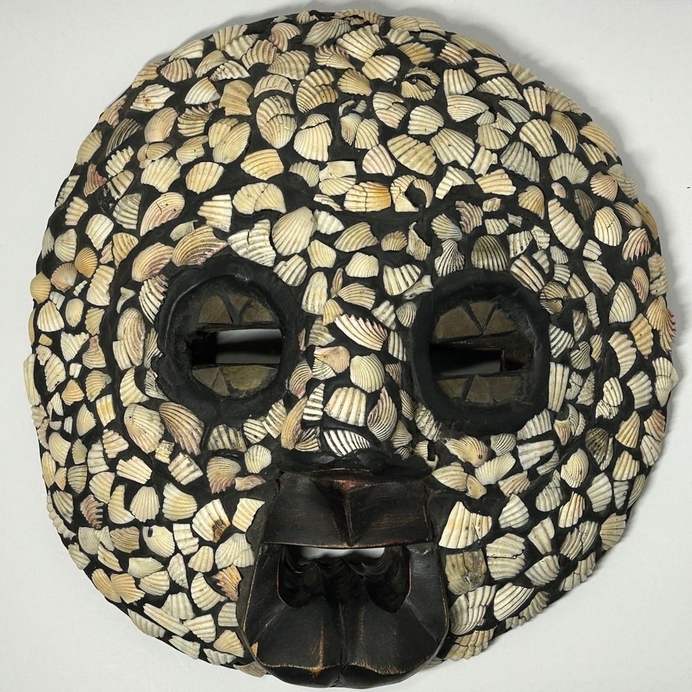 Rare Rustic Seashell Tribal Mask Wall Decor Unique Handcrafted Art Abstract